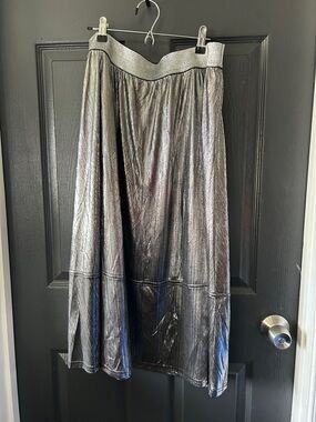 Anthropologie Silver Metallic Pleated Midi Skirt